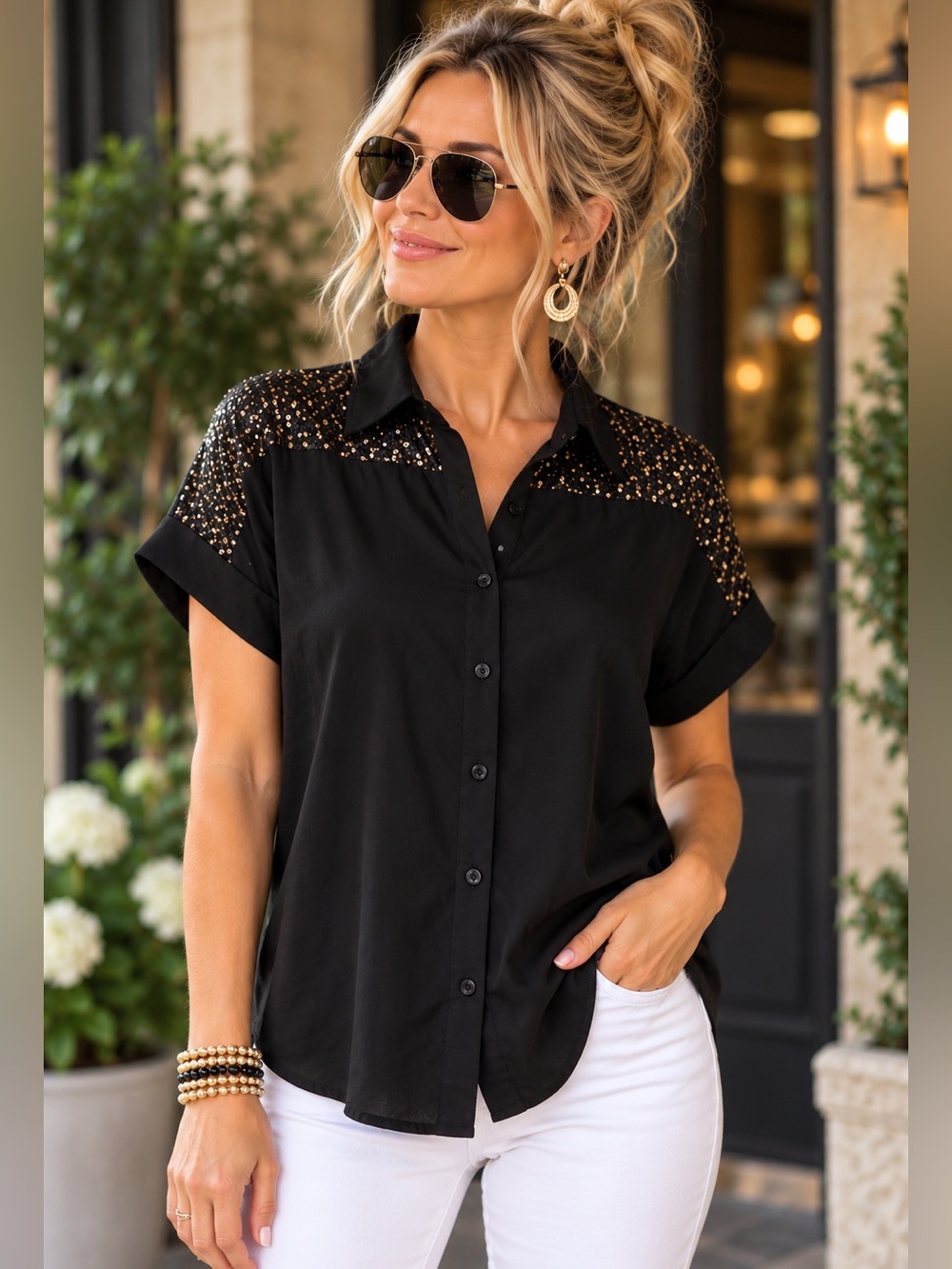 MM Couture Miss Me Black Gold Sequin Button Down Blouse S Glam Party